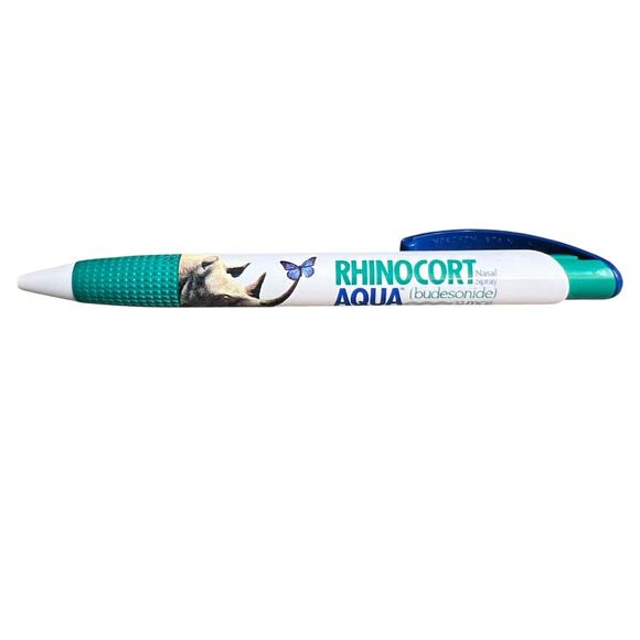 Vintage Rhinocort Aqua Pharma Rx Drug Rep Ballpoint Click Pen Blue/Green - Picture 1 of 6